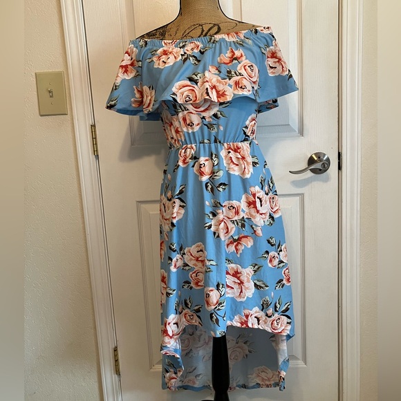 Hot Kiss Dresses & Skirts - Hot Kiss baby blue pink floral high low stretchy dress off shoulder midi S
